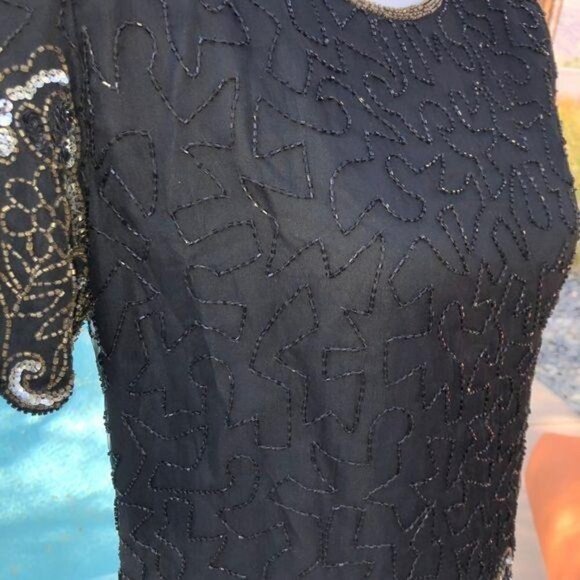 Laurence Kazar Silk Blouse Size PP Vintage Black Gold Beaded Lined Shoulder Pads - Picture 12 of 12